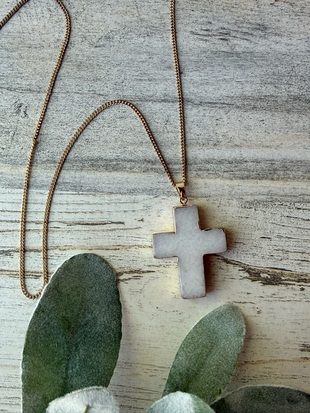 Large Semiprecious Natural Stone Cross Gold Plated Frame Pendant Necklace